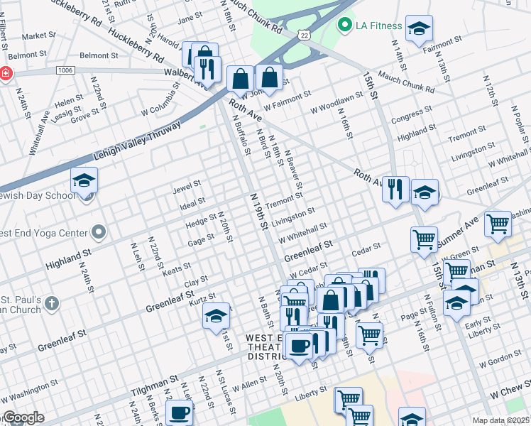 map of restaurants, bars, coffee shops, grocery stores, and more near 1019 North 19th Street in Allentown