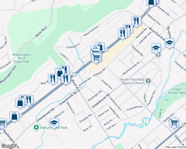 map of restaurants, bars, coffee shops, grocery stores, and more near 668 Warfield Road in North Plainfield