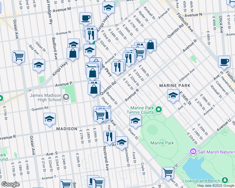 map of restaurants, bars, coffee shops, grocery stores, and more near Madison Place in Brooklyn