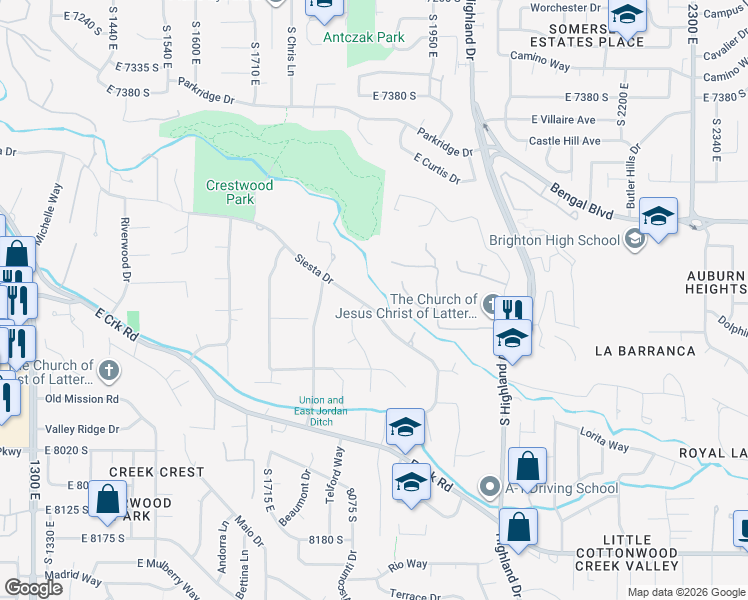 map of restaurants, bars, coffee shops, grocery stores, and more near 1853 Siesta Drive in Sandy