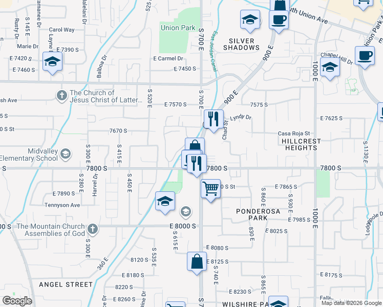 map of restaurants, bars, coffee shops, grocery stores, and more near 661-671 Candlelite Lane in Midvale