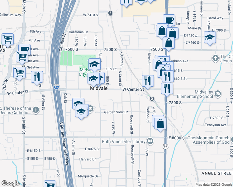map of restaurants, bars, coffee shops, grocery stores, and more near in Midvale