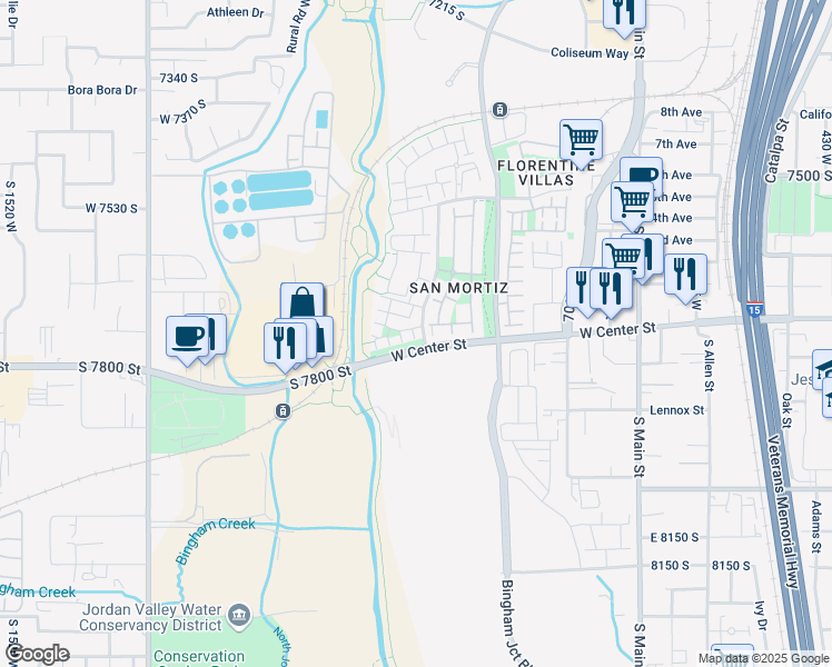 map of restaurants, bars, coffee shops, grocery stores, and more near 1022 Rooftop Drive in Midvale