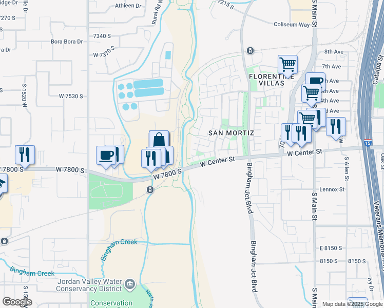 map of restaurants, bars, coffee shops, grocery stores, and more near 7756 Rooftop Drive in Midvale