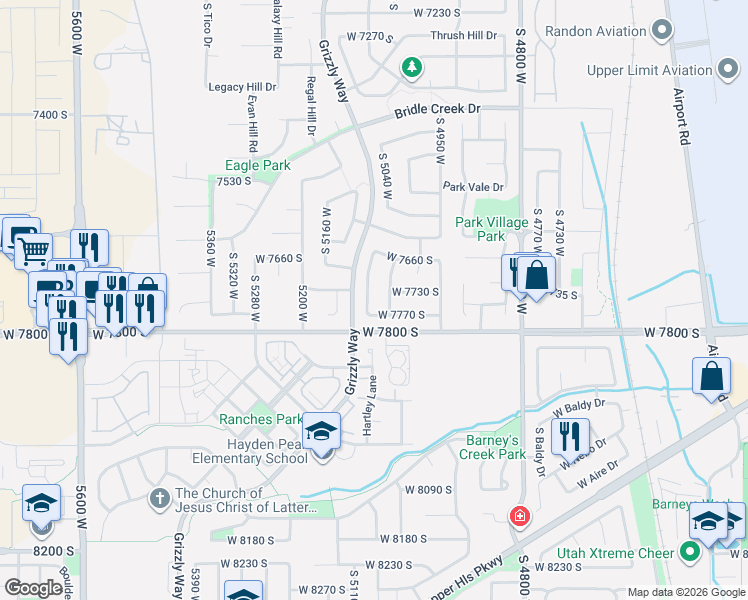 map of restaurants, bars, coffee shops, grocery stores, and more near 5026 West 7730 South in West Jordan