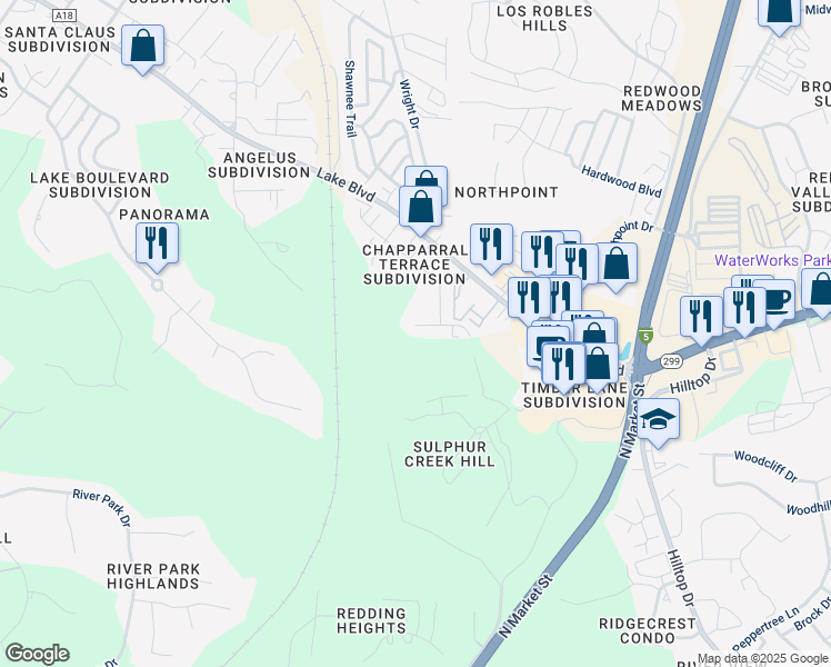 map of restaurants, bars, coffee shops, grocery stores, and more near 4420 Dogwood Lane in Redding