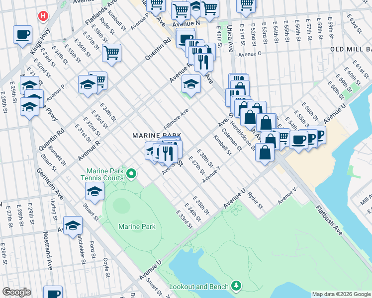 map of restaurants, bars, coffee shops, grocery stores, and more near 1966 East 38th Street in Brooklyn