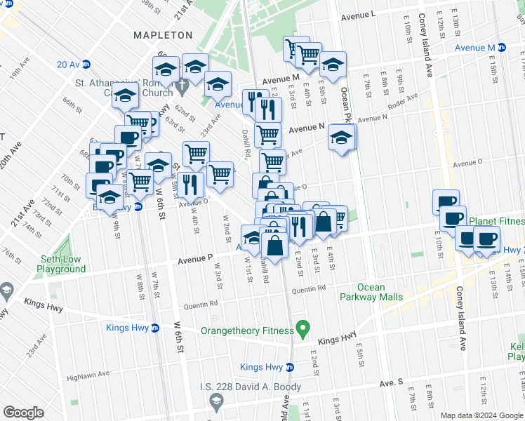 map of restaurants, bars, coffee shops, grocery stores, and more near 1712 McDonald Avenue in Brooklyn