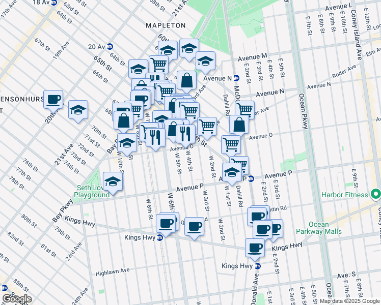 map of restaurants, bars, coffee shops, grocery stores, and more near 175 Avenue O in Brooklyn