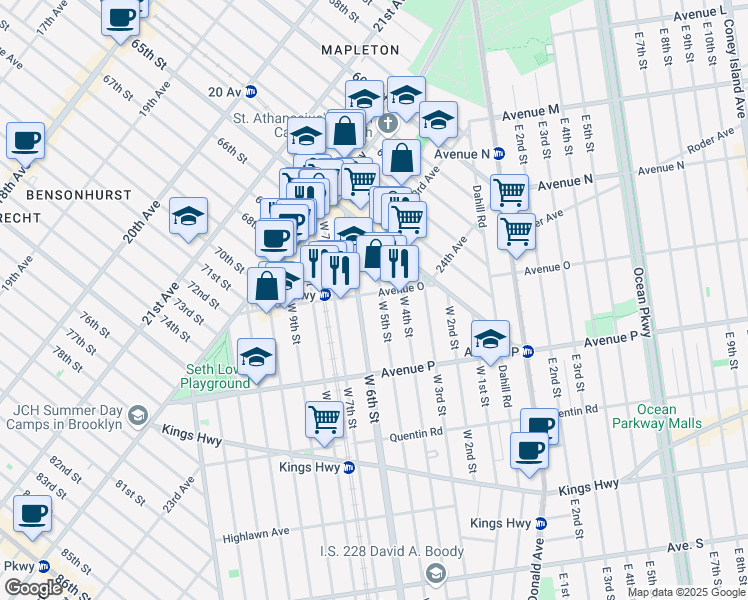 map of restaurants, bars, coffee shops, grocery stores, and more near 1407 West 6th Street in Brooklyn