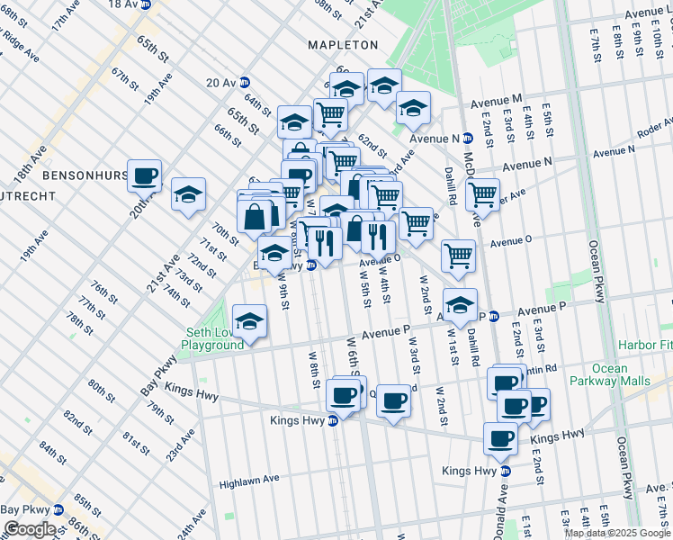 map of restaurants, bars, coffee shops, grocery stores, and more near 1407 West 6th Street in Brooklyn