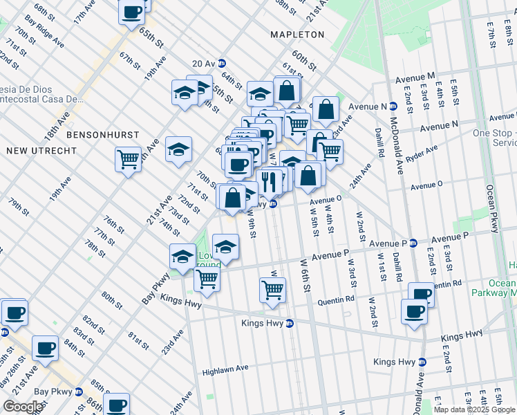 map of restaurants, bars, coffee shops, grocery stores, and more near 1471 West 9th Street in Brooklyn