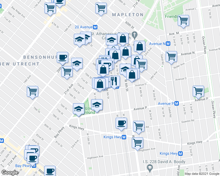 map of restaurants, bars, coffee shops, grocery stores, and more near 1471 West 9th Street in Brooklyn