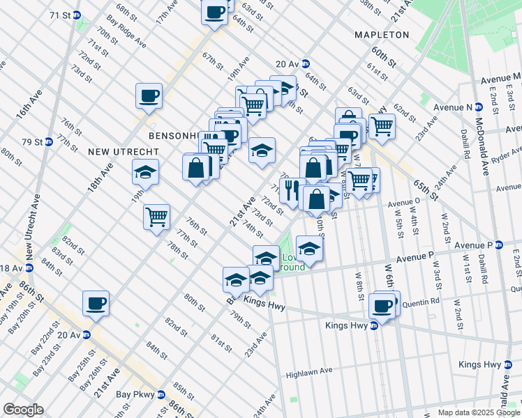map of restaurants, bars, coffee shops, grocery stores, and more near 2112 72nd Street in Brooklyn