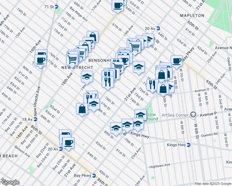 map of restaurants, bars, coffee shops, grocery stores, and more near 2026 74th Street in Brooklyn