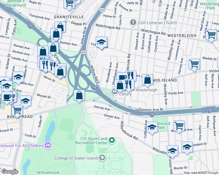 map of restaurants, bars, coffee shops, grocery stores, and more near 327 Woodbine Avenue in Staten Island