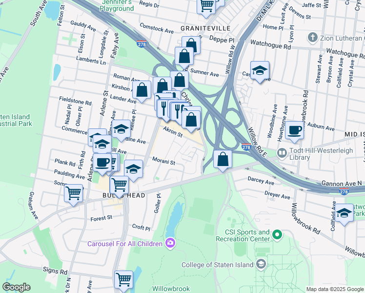map of restaurants, bars, coffee shops, grocery stores, and more near 102 Debbie Street in Staten Island