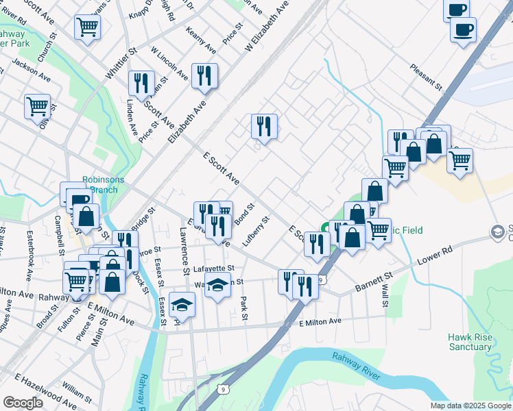 map of restaurants, bars, coffee shops, grocery stores, and more near 2067 Bond Street in Rahway