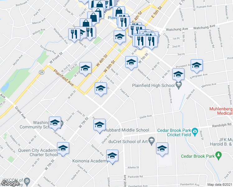 map of restaurants, bars, coffee shops, grocery stores, and more near 452 West 7th Street in Plainfield