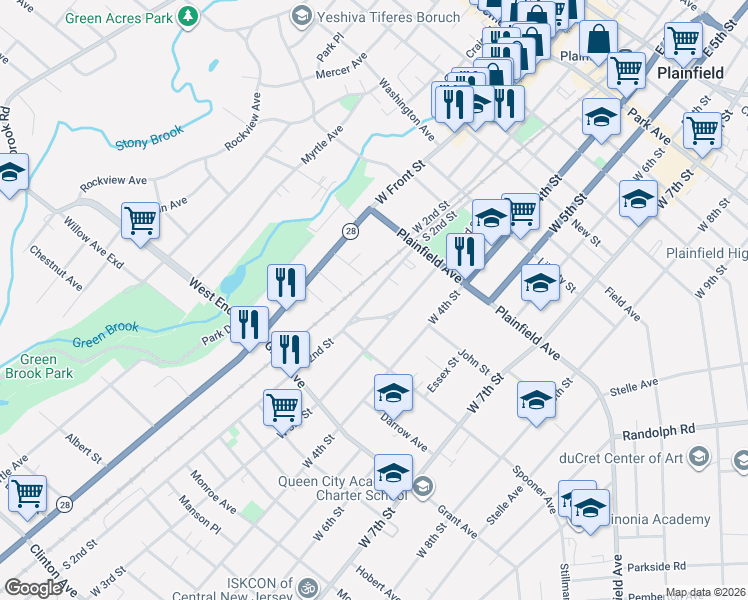 map of restaurants, bars, coffee shops, grocery stores, and more near 652 South 2nd Street in Plainfield