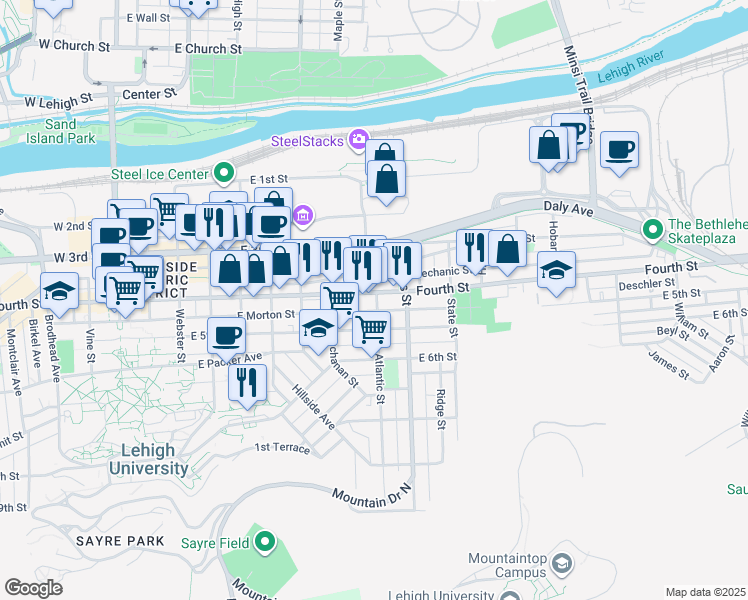 map of restaurants, bars, coffee shops, grocery stores, and more near 807 East 4th Street in Bethlehem