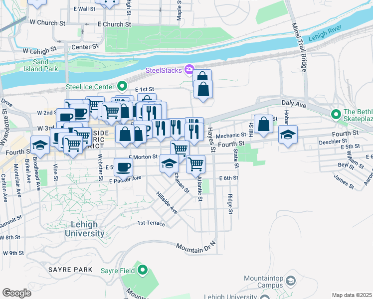 map of restaurants, bars, coffee shops, grocery stores, and more near 710 Evans Street in Bethlehem