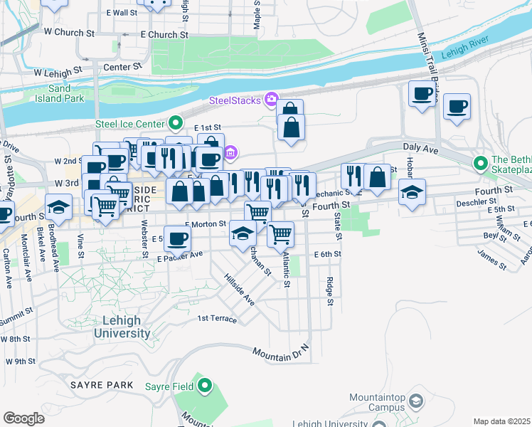 map of restaurants, bars, coffee shops, grocery stores, and more near 710 Evans Street in Bethlehem