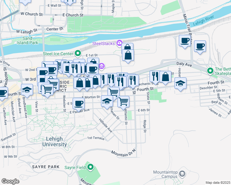 map of restaurants, bars, coffee shops, grocery stores, and more near 710 Evans Street in Bethlehem