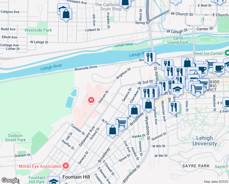 map of restaurants, bars, coffee shops, grocery stores, and more near 462 Ostrum Street in Fountain Hill