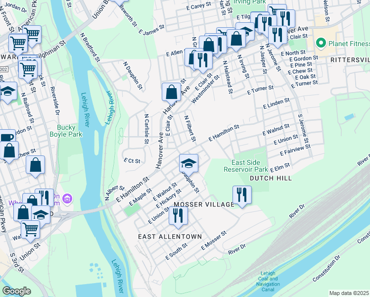 map of restaurants, bars, coffee shops, grocery stores, and more near 32 North Ellsworth Street in Allentown