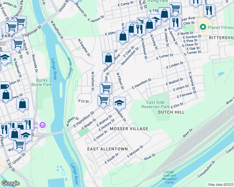 map of restaurants, bars, coffee shops, grocery stores, and more near 32 North Ellsworth Street in Allentown