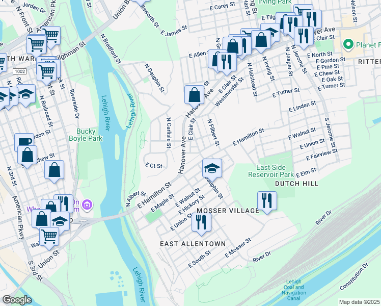 map of restaurants, bars, coffee shops, grocery stores, and more near 418 E Street in Allentown