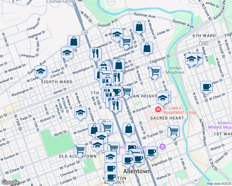 map of restaurants, bars, coffee shops, grocery stores, and more near 602 North 6th Street in Allentown