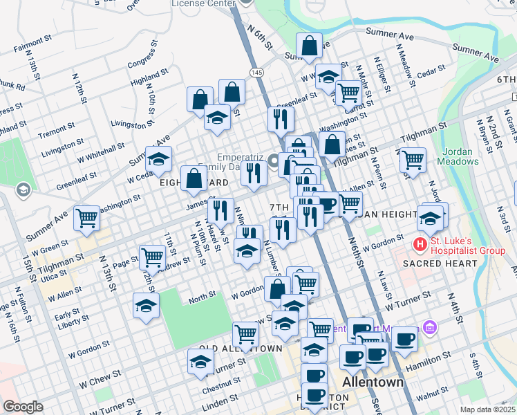map of restaurants, bars, coffee shops, grocery stores, and more near 637 North Refwal Street in Allentown