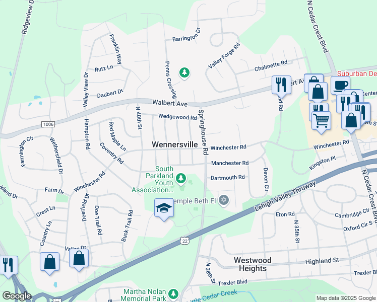 map of restaurants, bars, coffee shops, grocery stores, and more near 1449 White Oak Road in Allentown