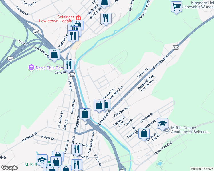 map of restaurants, bars, coffee shops, grocery stores, and more near 12 Rosemont Avenue in Lewistown