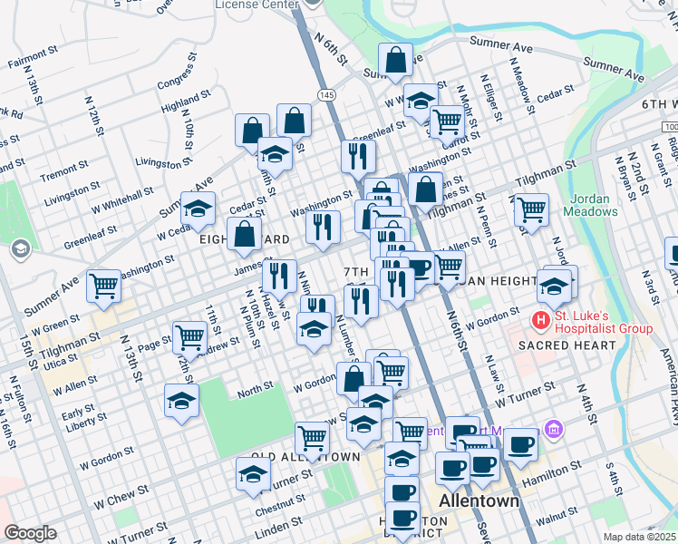 map of restaurants, bars, coffee shops, grocery stores, and more near 618 North Eighth Street in Allentown