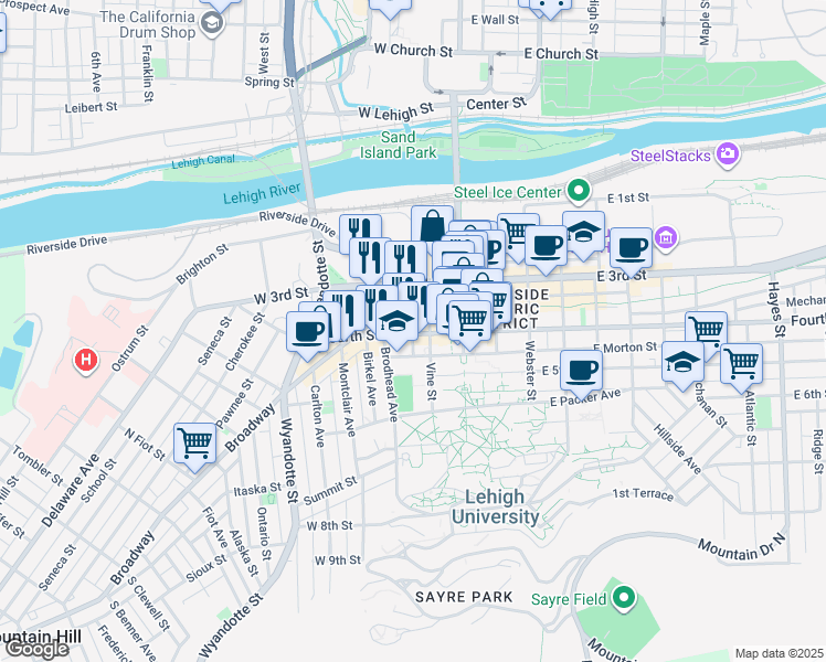 map of restaurants, bars, coffee shops, grocery stores, and more near in Bethlehem