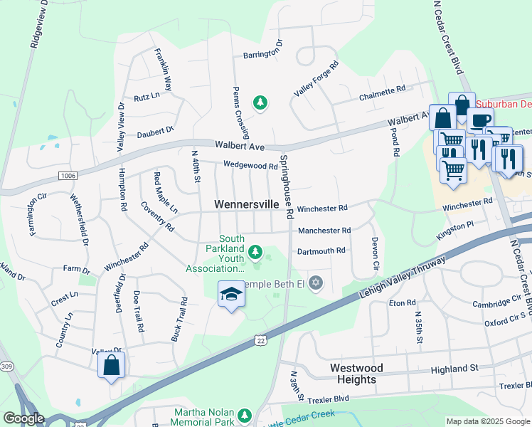 map of restaurants, bars, coffee shops, grocery stores, and more near 1449 White Oak Road in Allentown