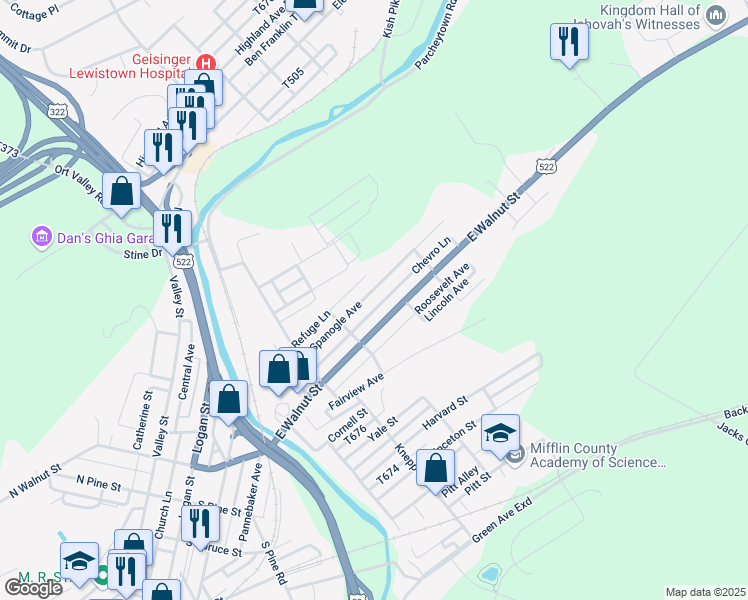 map of restaurants, bars, coffee shops, grocery stores, and more near 52 Spanogle Avenue in Lewistown