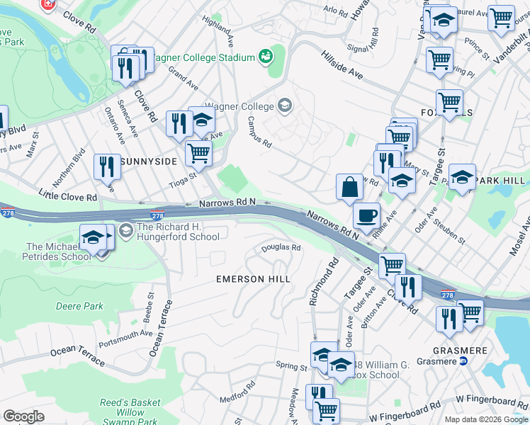 map of restaurants, bars, coffee shops, grocery stores, and more near Staten Island Expressway in Staten Island
