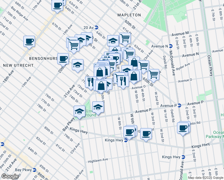 map of restaurants, bars, coffee shops, grocery stores, and more near 69 Avenue O in Brooklyn
