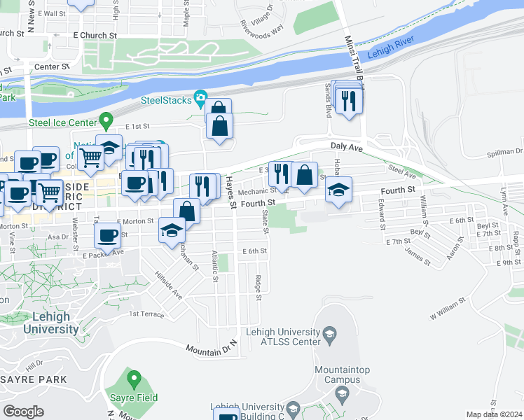 map of restaurants, bars, coffee shops, grocery stores, and more near 935 East 4th Street in Bethlehem