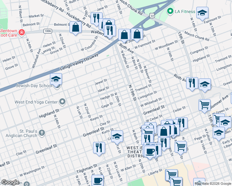 map of restaurants, bars, coffee shops, grocery stores, and more near 1940 West Highland Street in Allentown