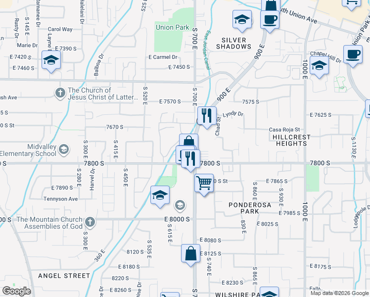 map of restaurants, bars, coffee shops, grocery stores, and more near 661-671 Candlelite Lane in Midvale