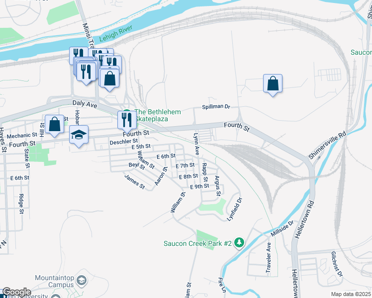 map of restaurants, bars, coffee shops, grocery stores, and more near 1521 East 6th Street in Bethlehem
