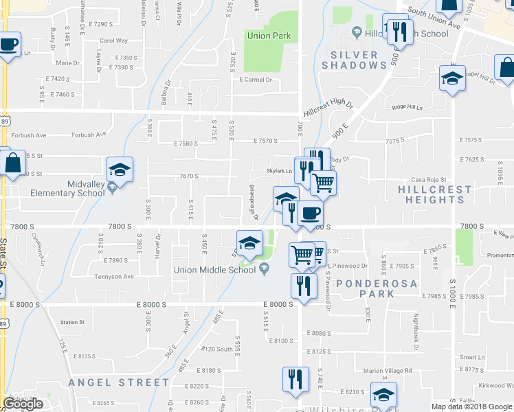 map of restaurants, bars, coffee shops, grocery stores, and more near 7767 Briarsprings Drive in Midvale