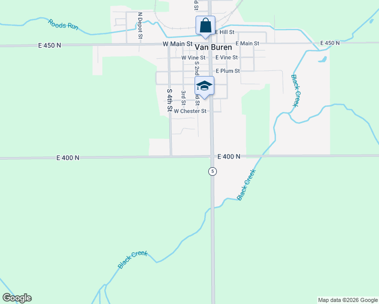 map of restaurants, bars, coffee shops, grocery stores, and more near 8885 E 400 N in Van Buren