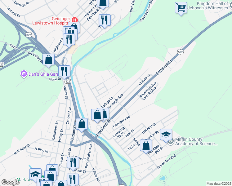map of restaurants, bars, coffee shops, grocery stores, and more near 15 Felmlee Lane in Lewistown