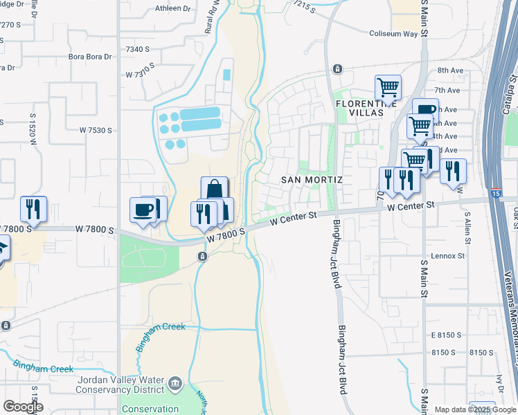 map of restaurants, bars, coffee shops, grocery stores, and more near 7756 Rooftop Drive in Midvale